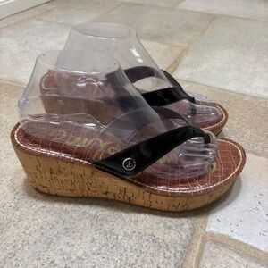 Sam Edelman Women’s Romy Sandal Size 9 Black Patent Thong Cork Wedge Platform